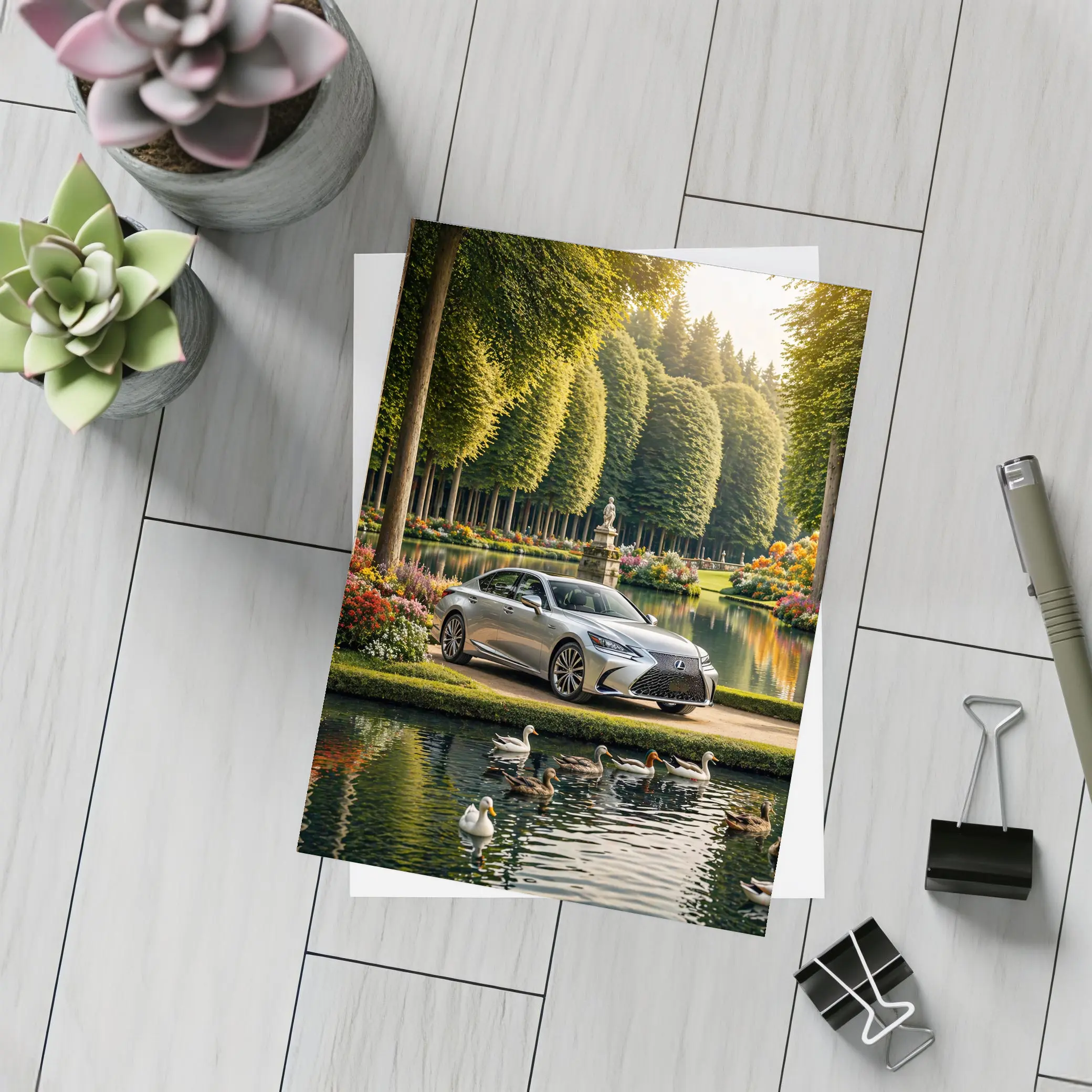 Lexus LS Silver Sedan Garden Lake Scene – Postcards