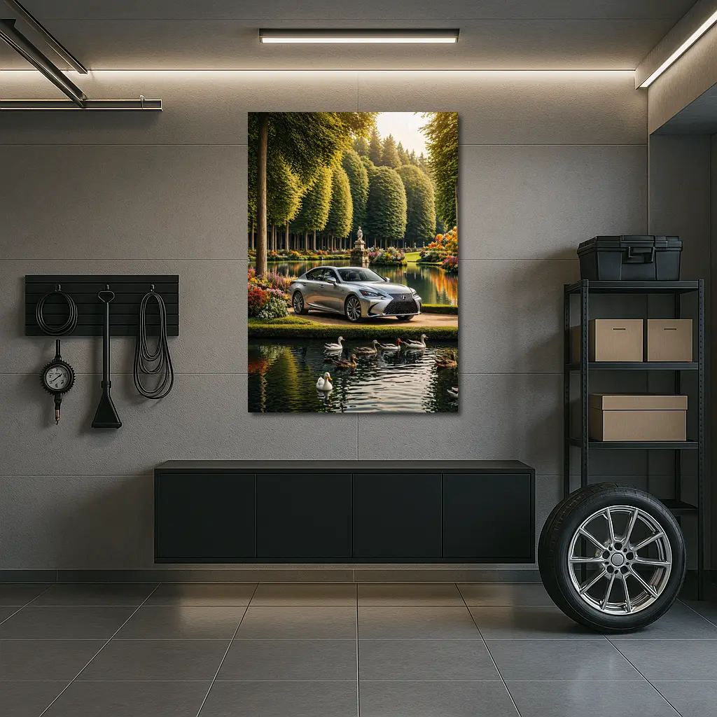 Lexus LS Silver Sedan Garden Lake Scene – Wall Art
