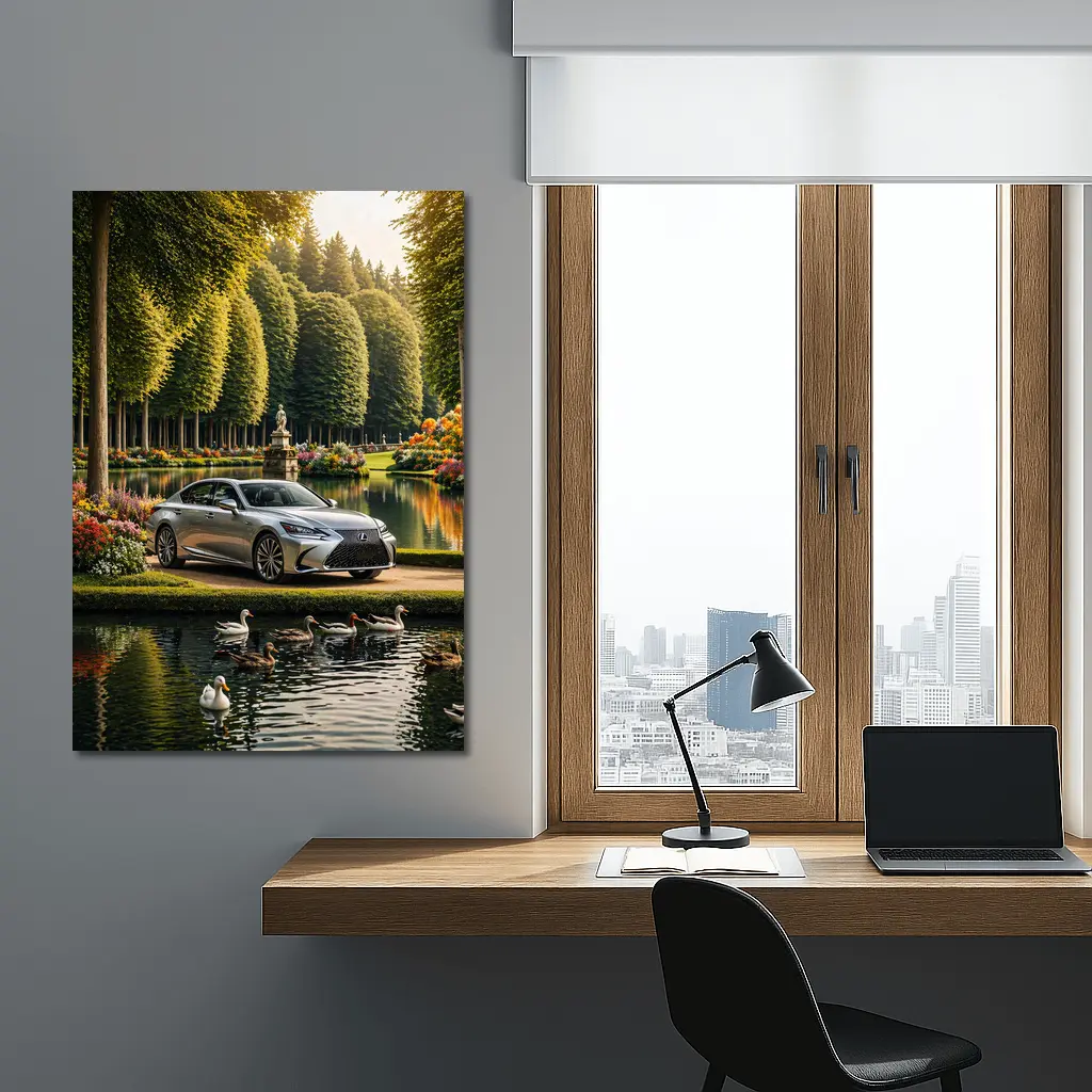 Lexus LS Silver Sedan Garden Lake Scene – Wall Art