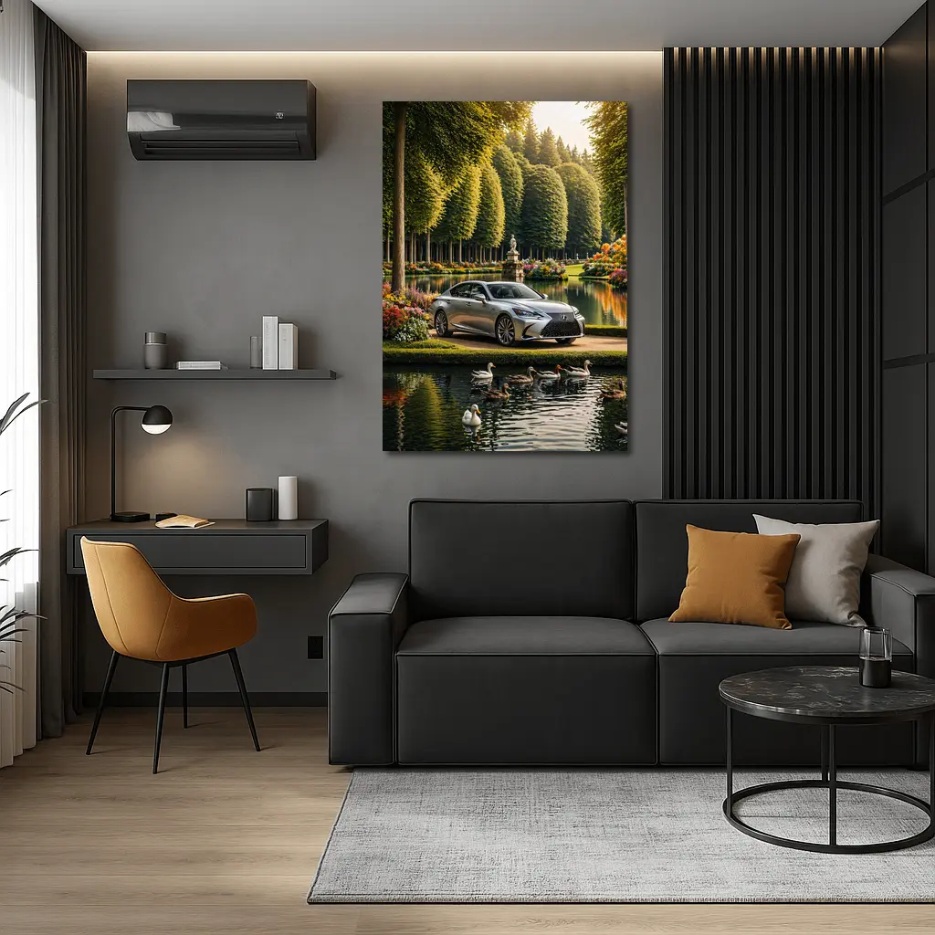 Lexus LS Silver Sedan Garden Lake Scene – Wall Art