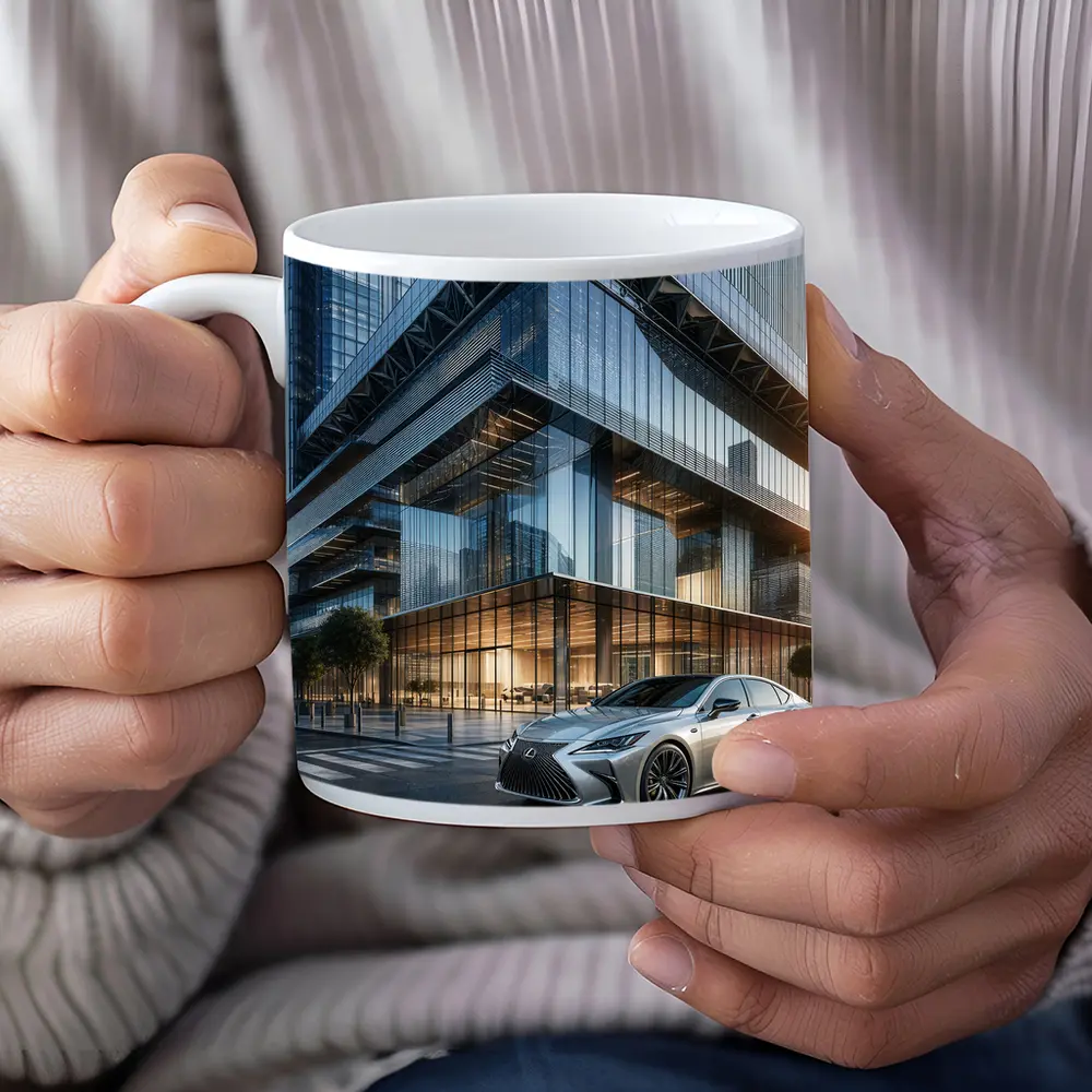 Lexus ES Sedan Outside Glass Office Tower – Mugs