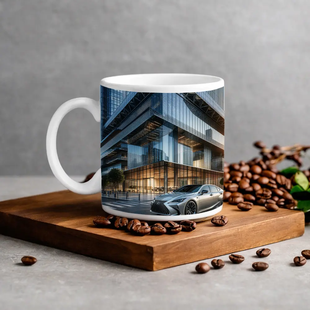 Lexus ES Sedan Outside Glass Office Tower – Mugs