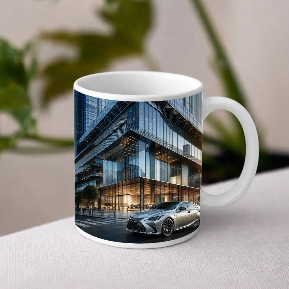 Lexus ES Sedan Outside Glass Office Tower – Mugs