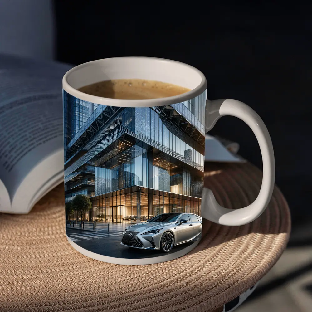 Lexus ES Sedan Outside Glass Office Tower – Mugs
