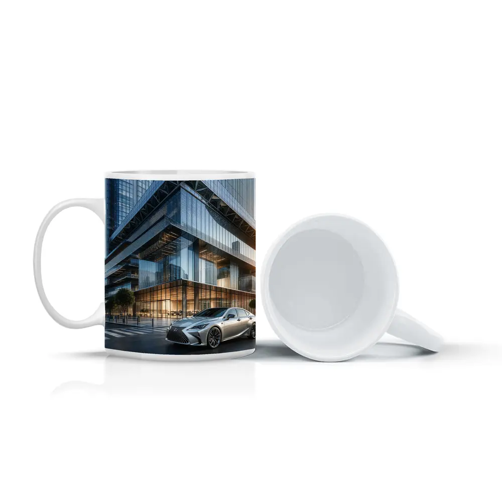 Lexus ES Sedan Outside Glass Office Tower – Mugs