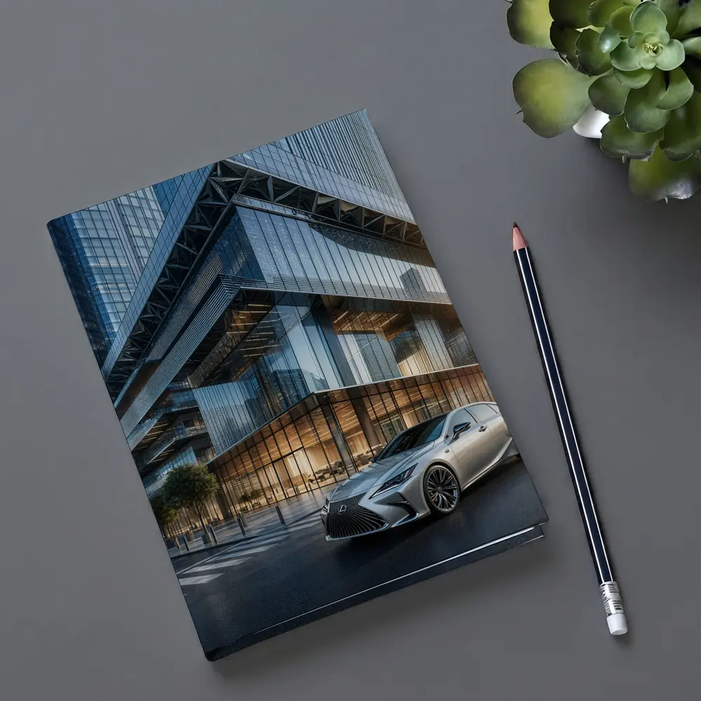 Lexus ES Sedan Outside Glass Office Tower – Notebooks