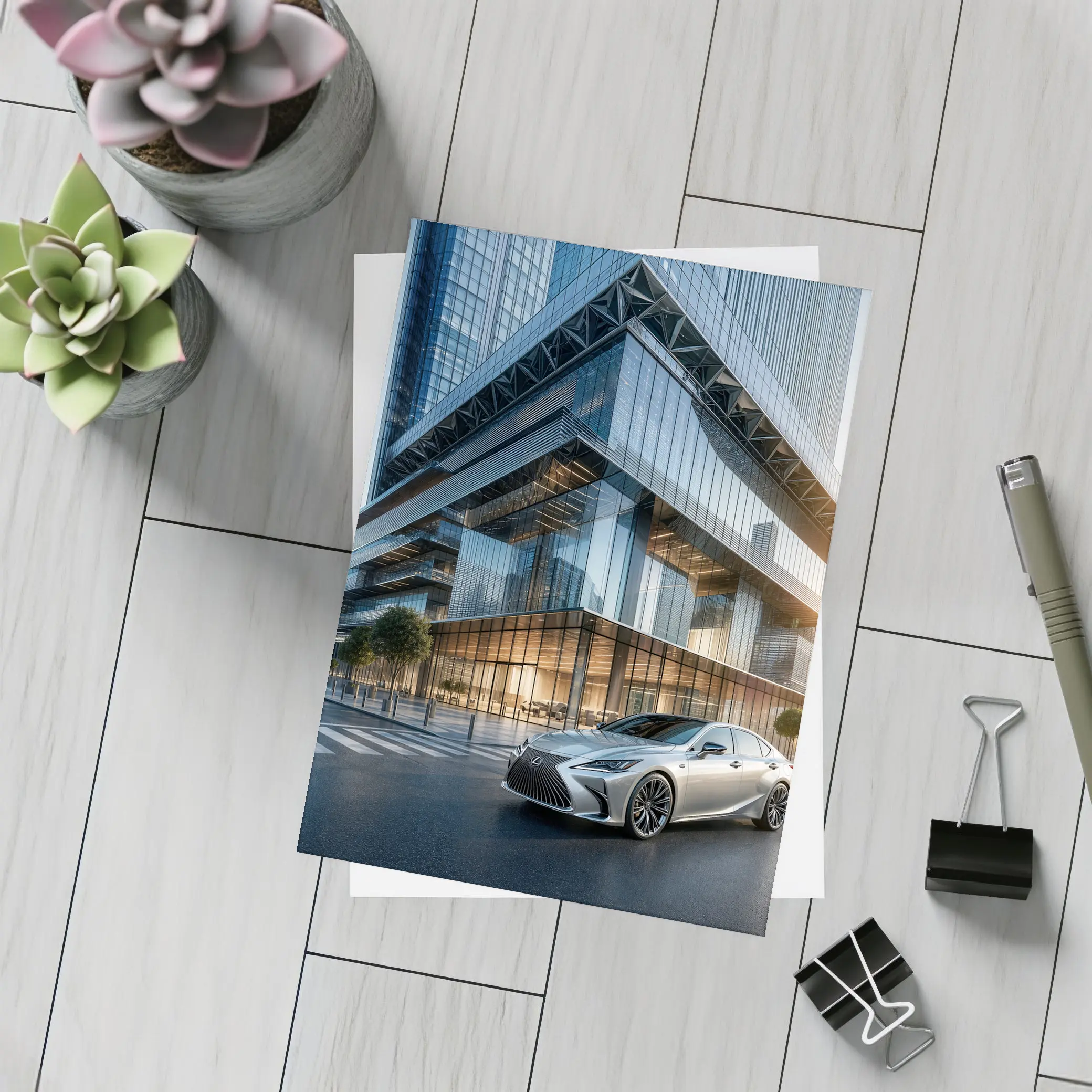 Lexus ES Sedan Outside Glass Office Tower – Postcards