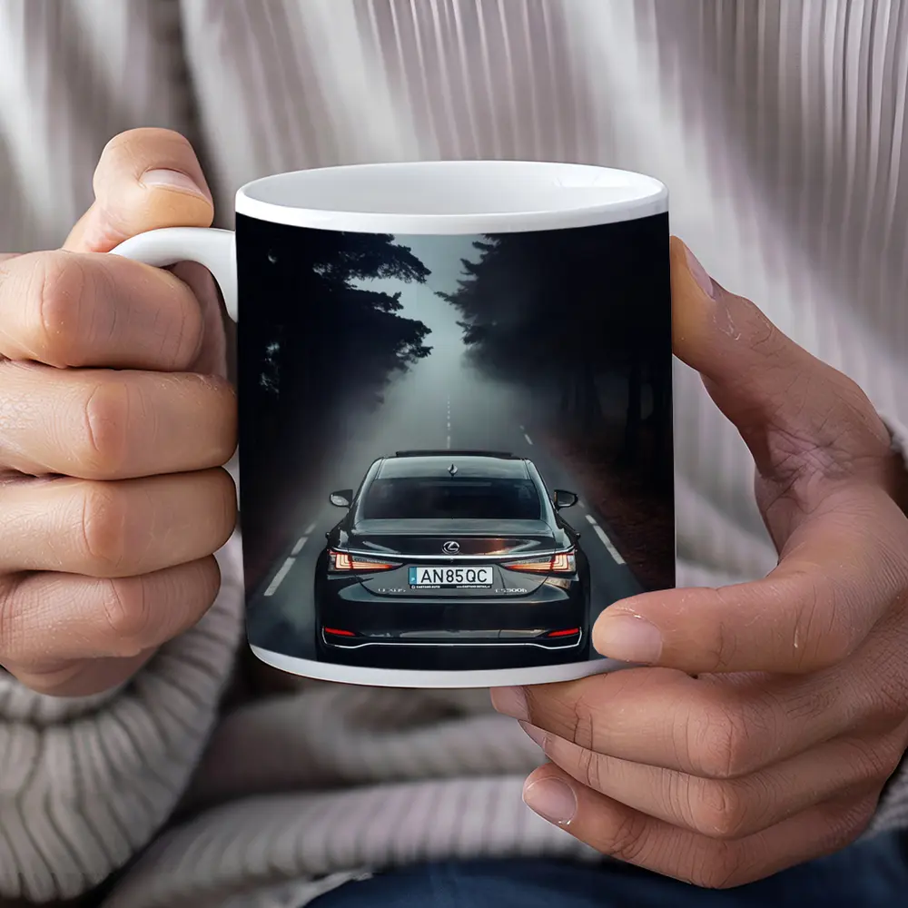 Lexus ES Rear View Foggy Forest Road – Mugs