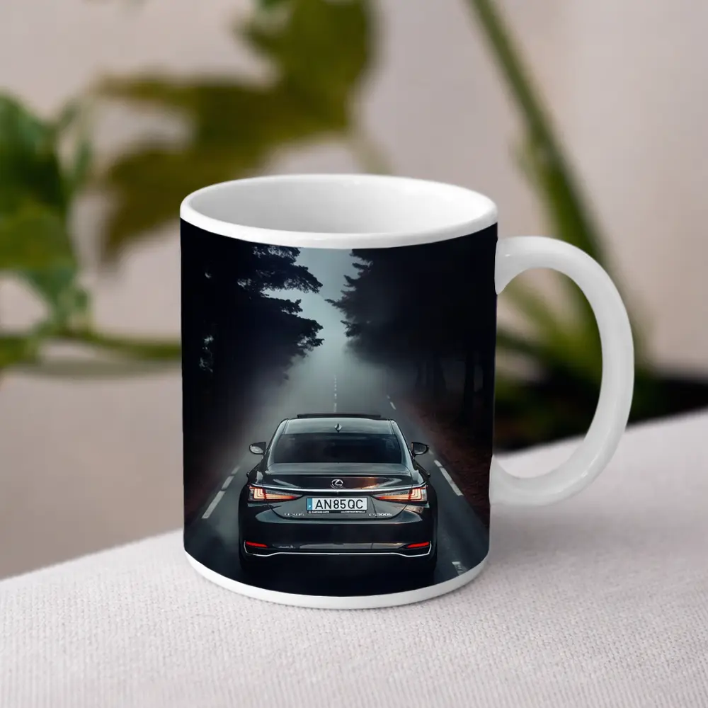 Lexus ES Rear View Foggy Forest Road – Mugs