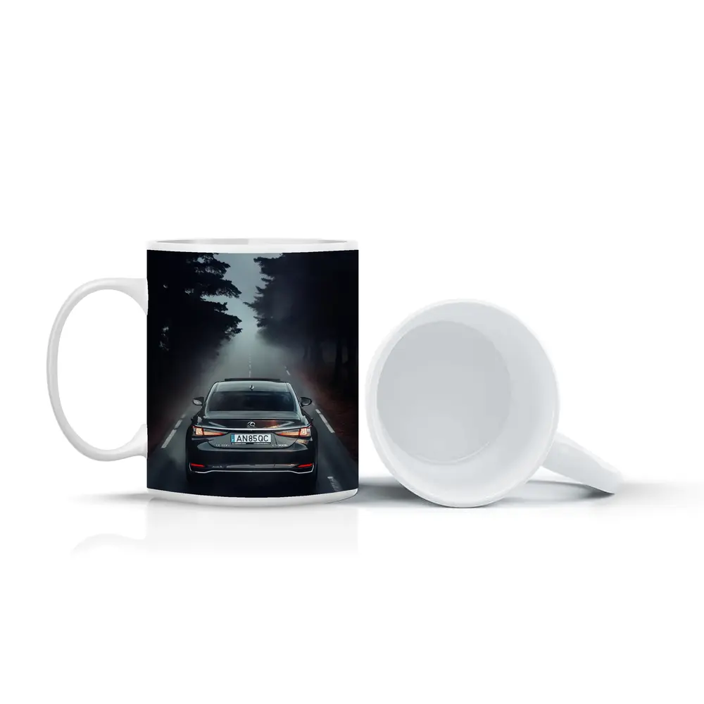 Lexus ES Rear View Foggy Forest Road – Mugs