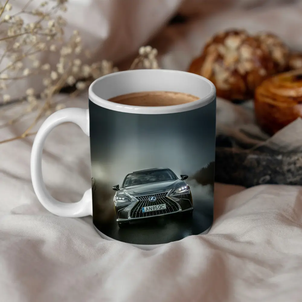 Lexus ES Front View Foggy Road – Mugs