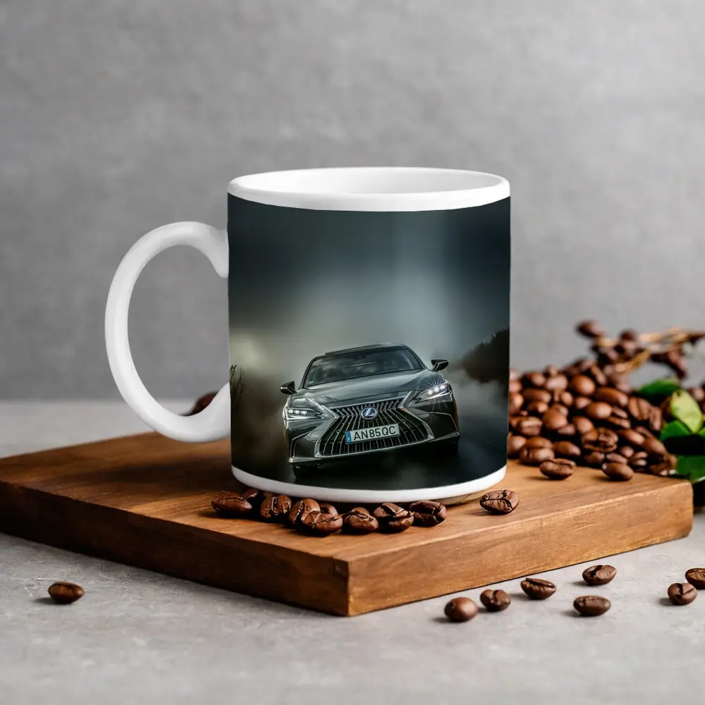 Lexus ES Front View Foggy Road – Mugs