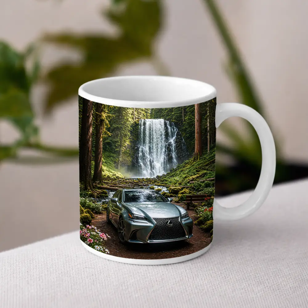 Lexus GS Silver Sedan Forest Waterfall – Mugs