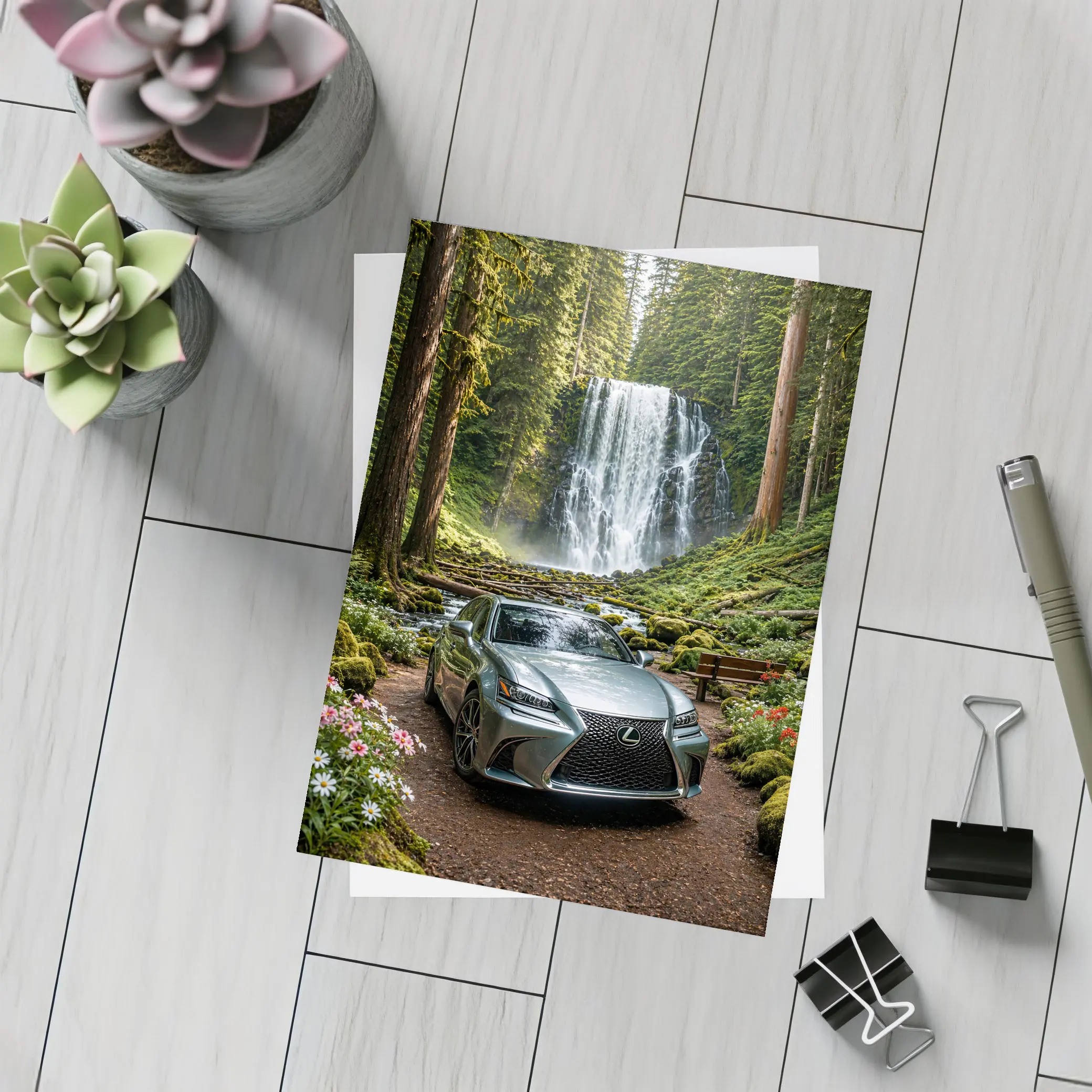 Lexus GS Silver Sedan Forest Waterfall – Postcards
