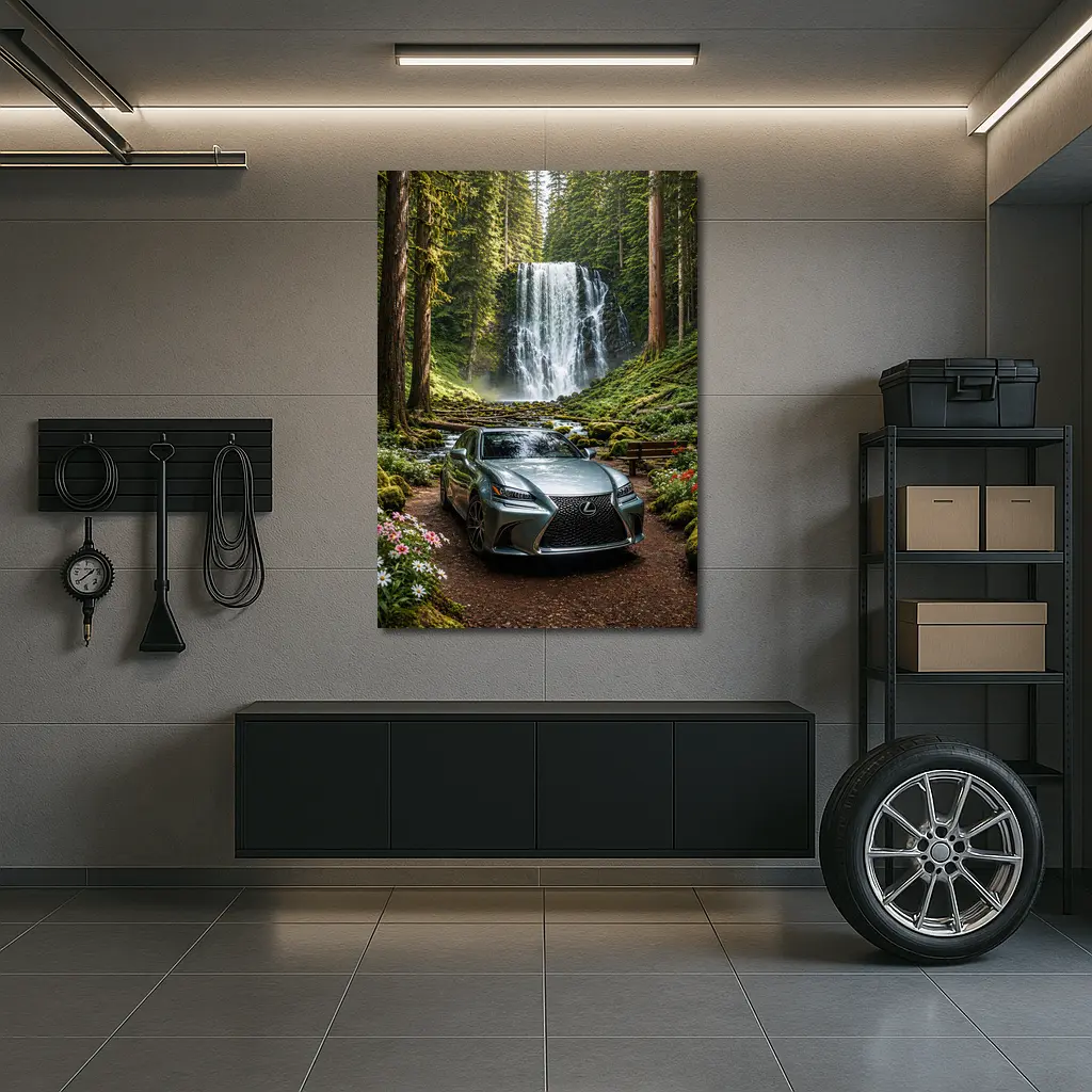 Lexus GS Silver Sedan Forest Waterfall – Wall Art