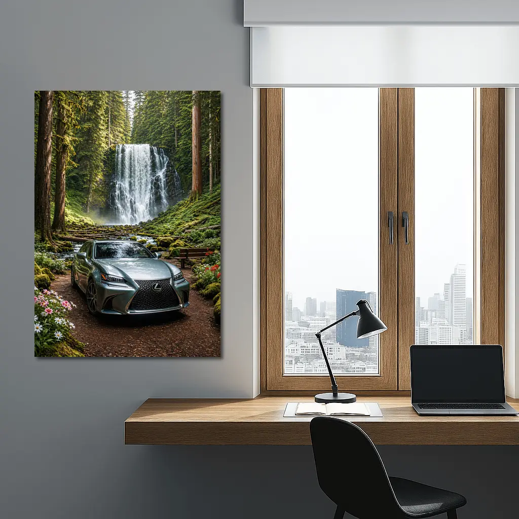 Lexus GS Silver Sedan Forest Waterfall – Wall Art