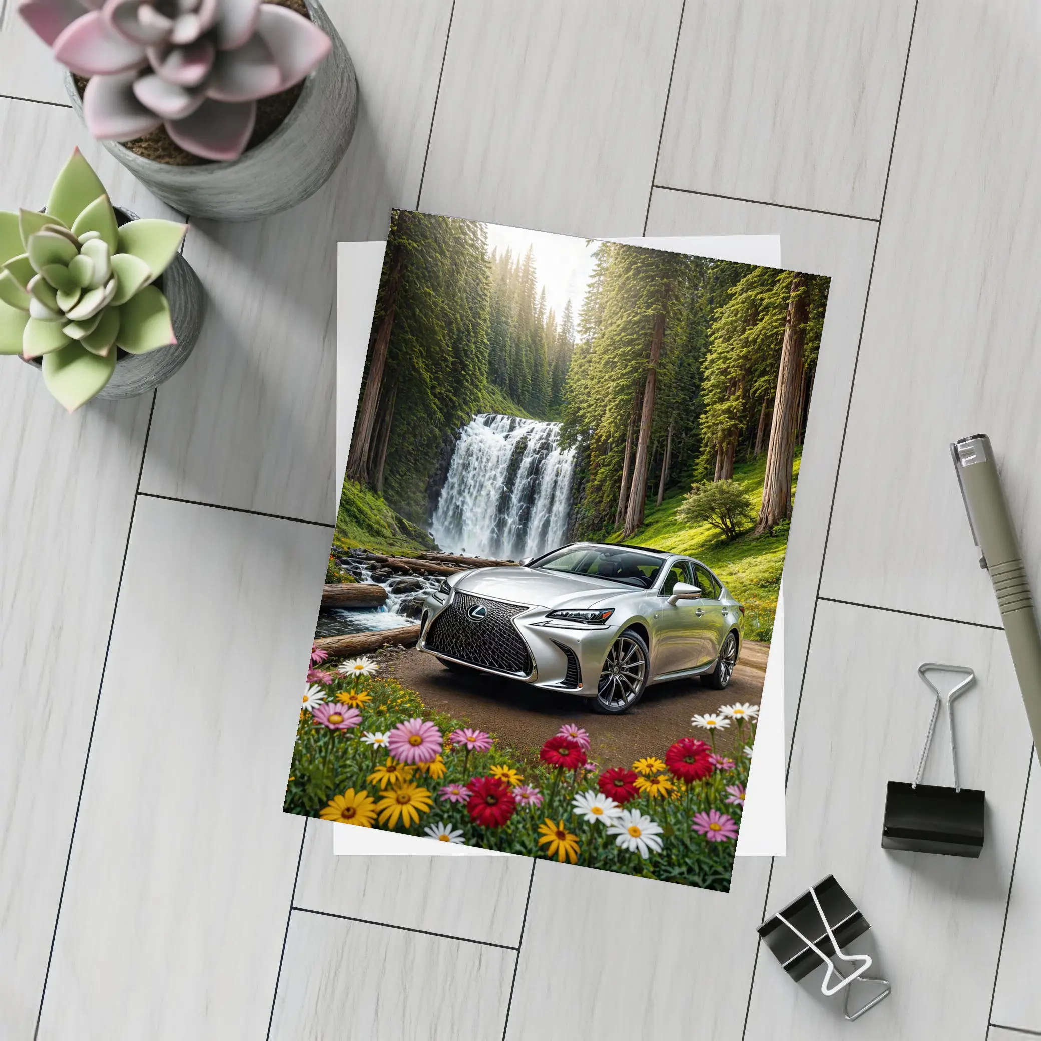 Lexus GS Silver Sedan Waterfall Forest – Postcards
