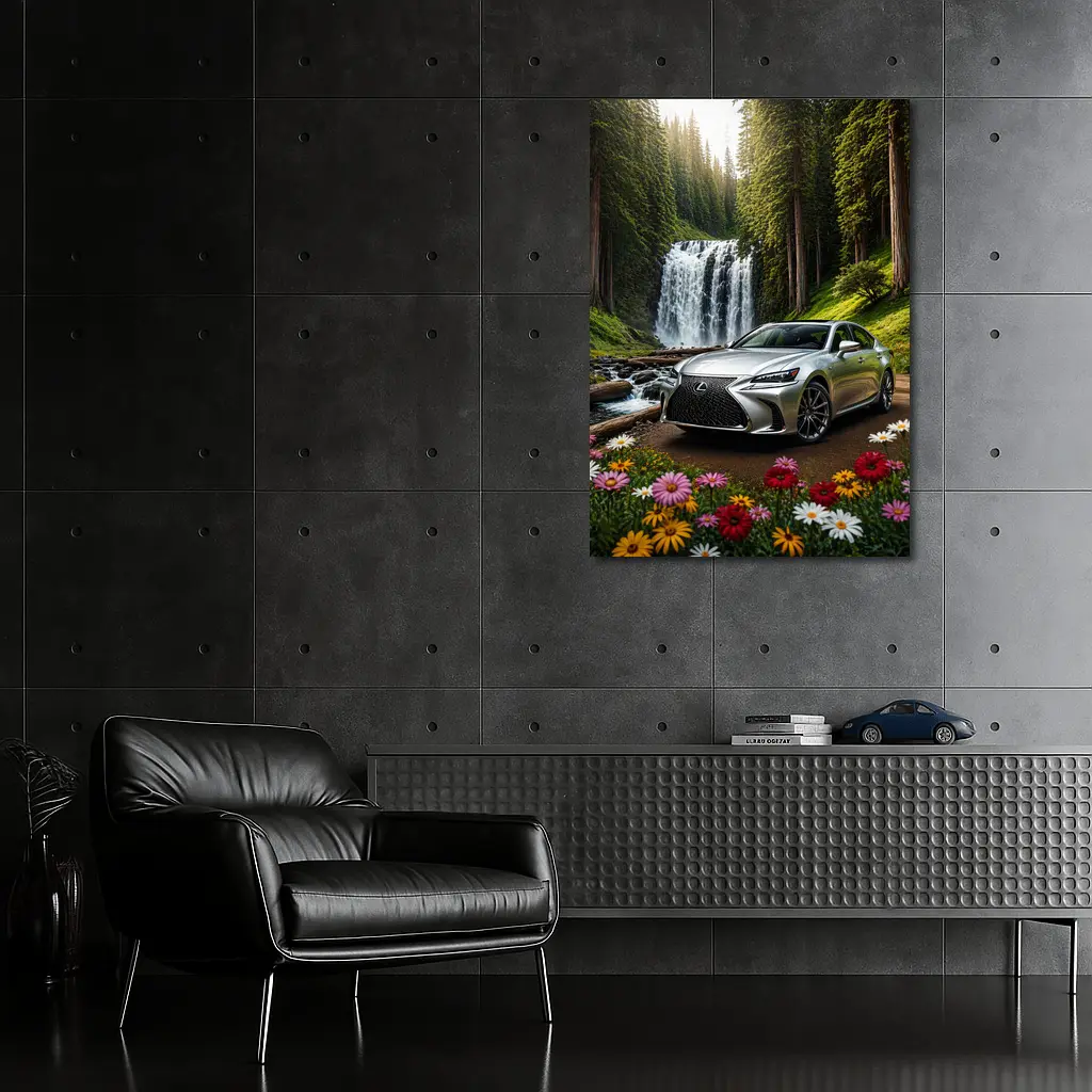 Lexus GS Silver Sedan Waterfall Forest – Wall Art