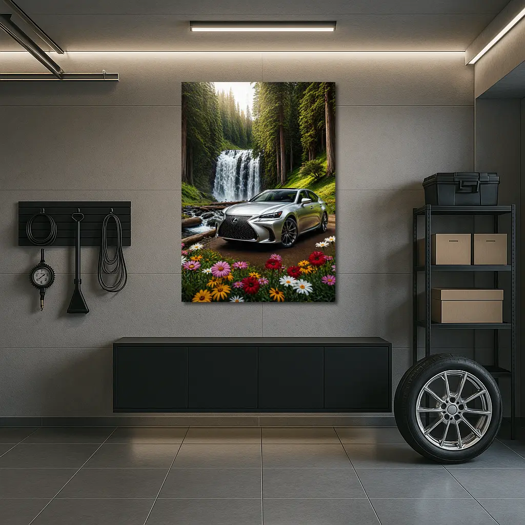 Lexus GS Silver Sedan Waterfall Forest – Wall Art