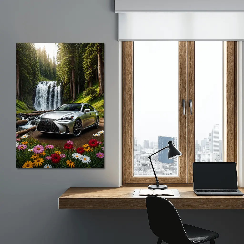 Lexus GS Silver Sedan Waterfall Forest – Wall Art