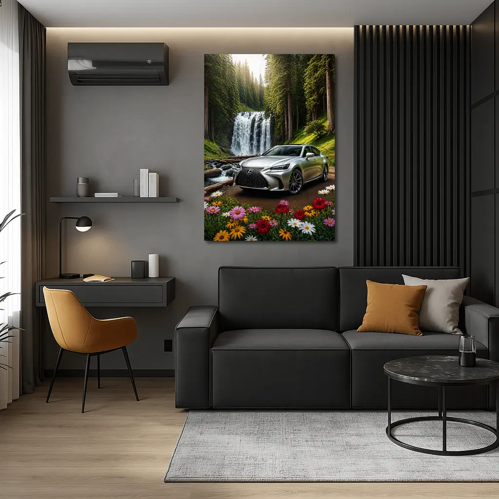 Lexus GS Silver Sedan Waterfall Forest – Wall Art