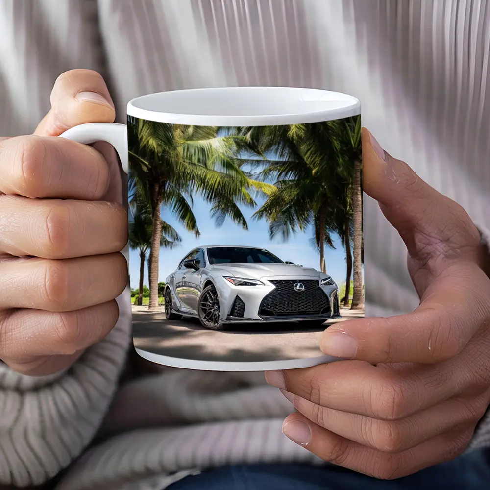 Lexus IS Silver Sedan Under Palm Trees – Mugs