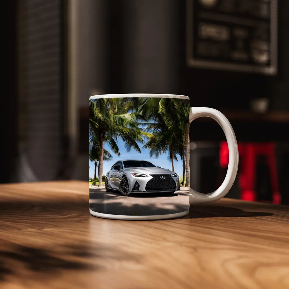 Lexus IS Silver Sedan Under Palm Trees – Mugs