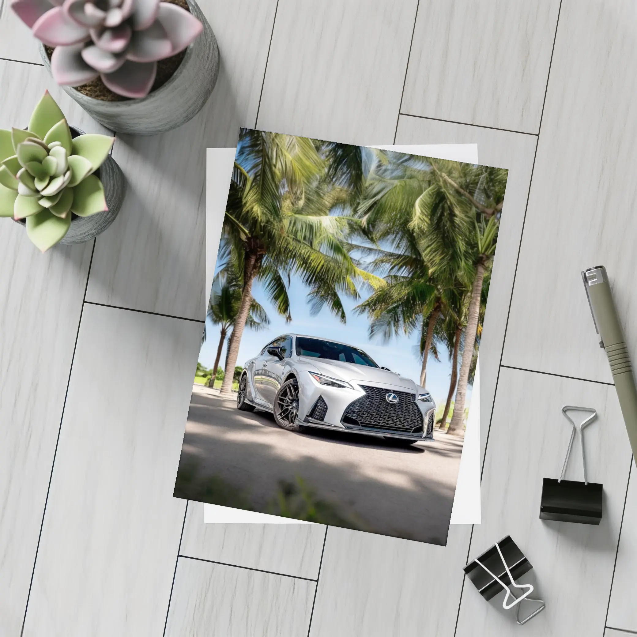 Lexus IS Silver Sedan Under Palm Trees – Postcards
