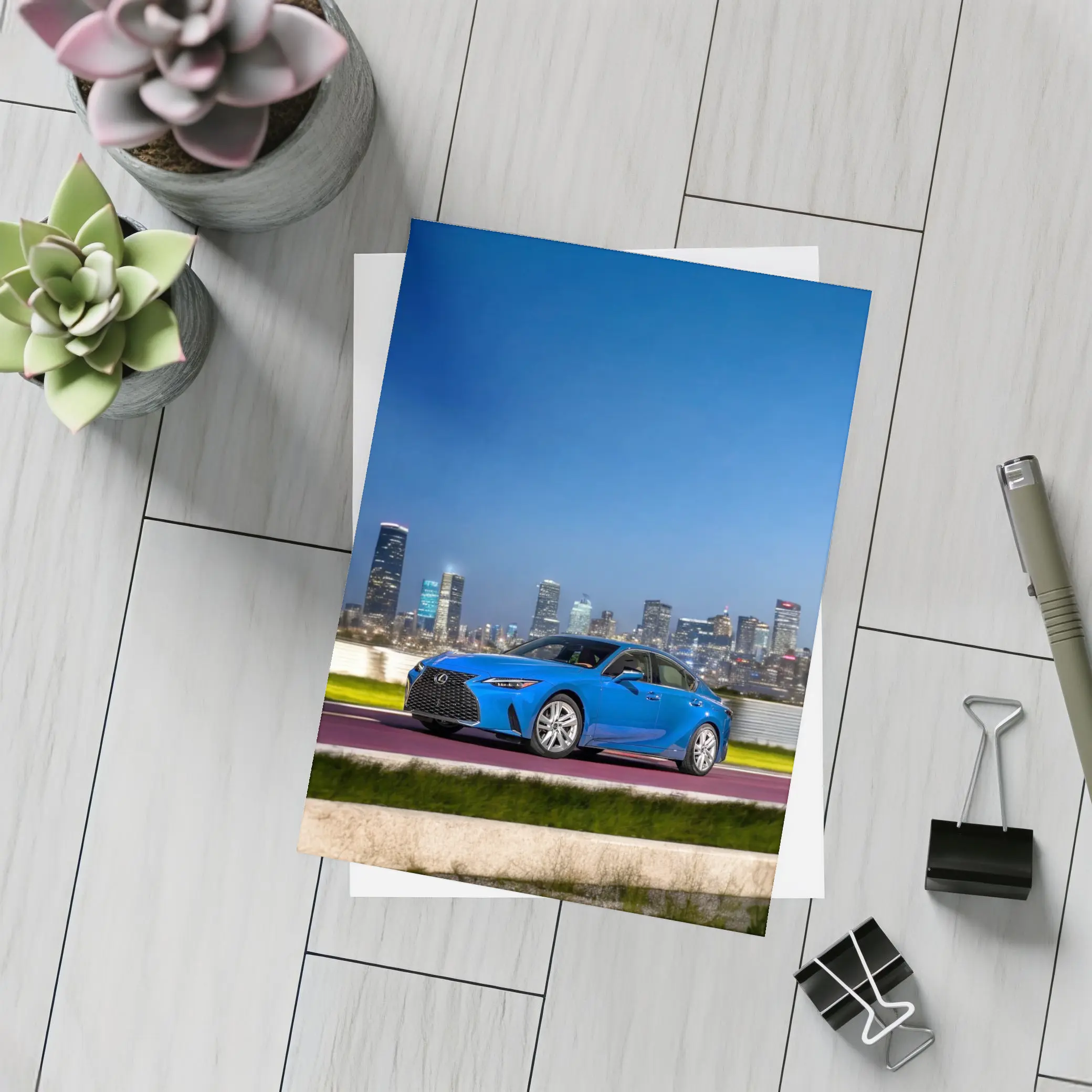 Lexus IS Blue Sedan City Skyline Night – Postcards
