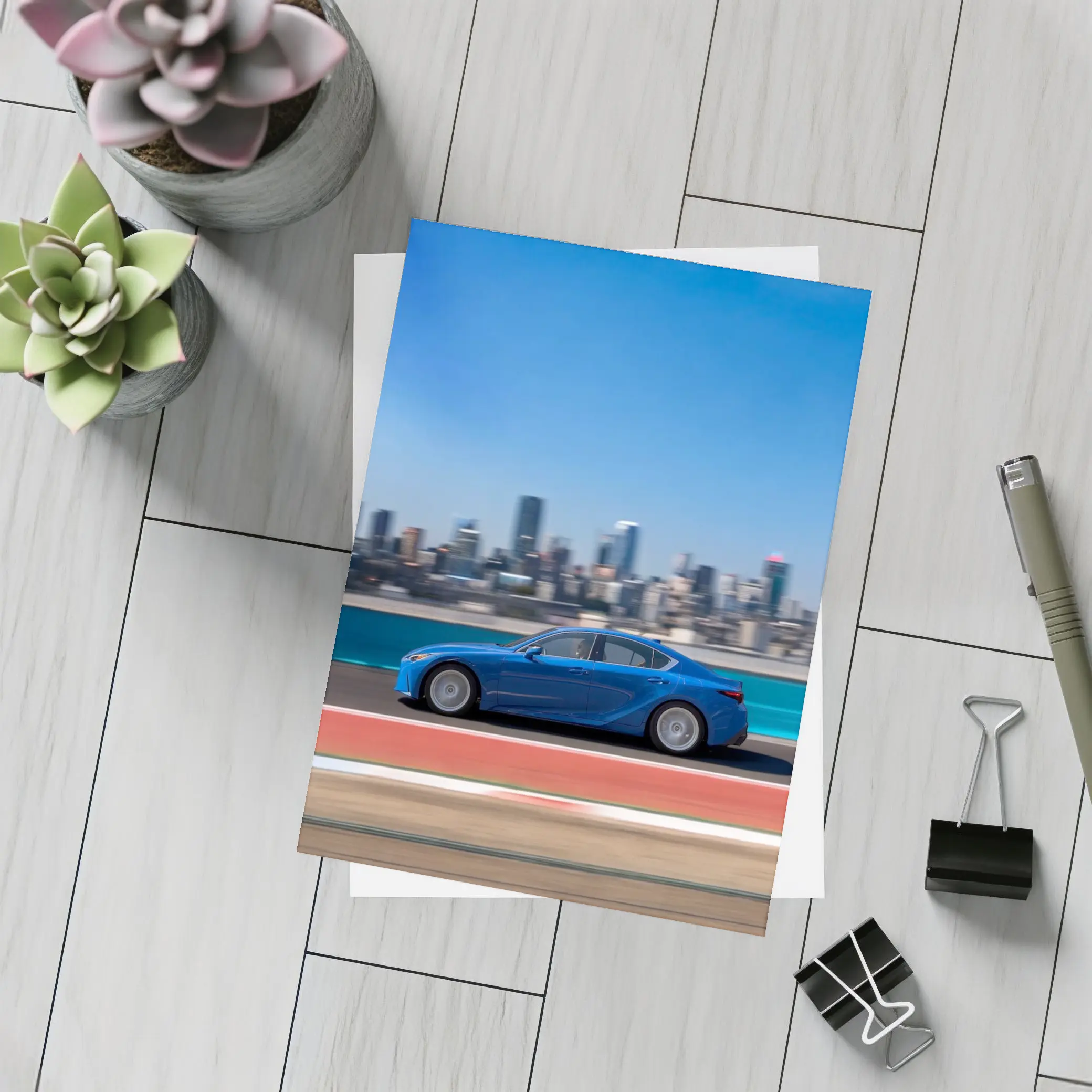 Lexus IS Blue Sedan City Skyline Track – Postcards