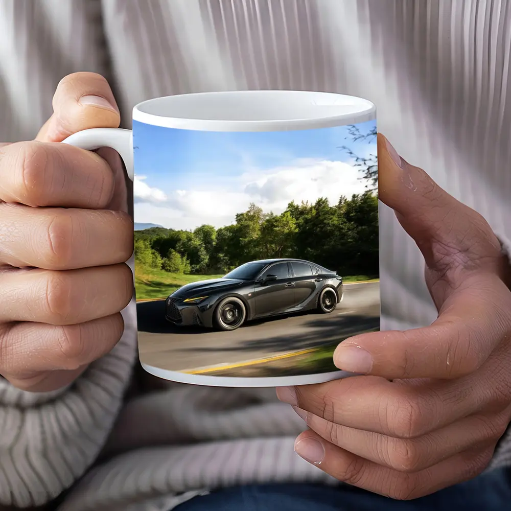 Lexus IS Dark Sedan Speeding Forest Road – Mugs