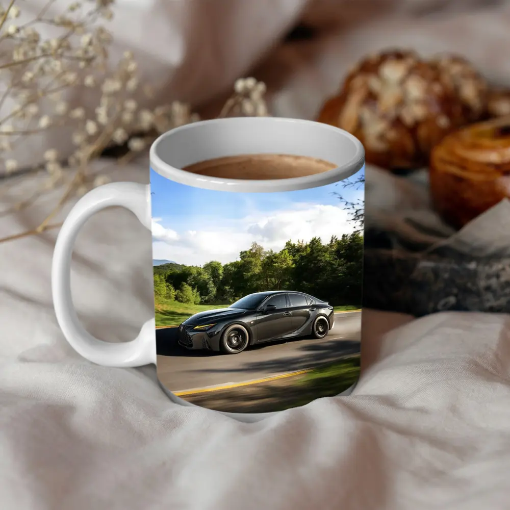 Lexus IS Dark Sedan Speeding Forest Road – Mugs