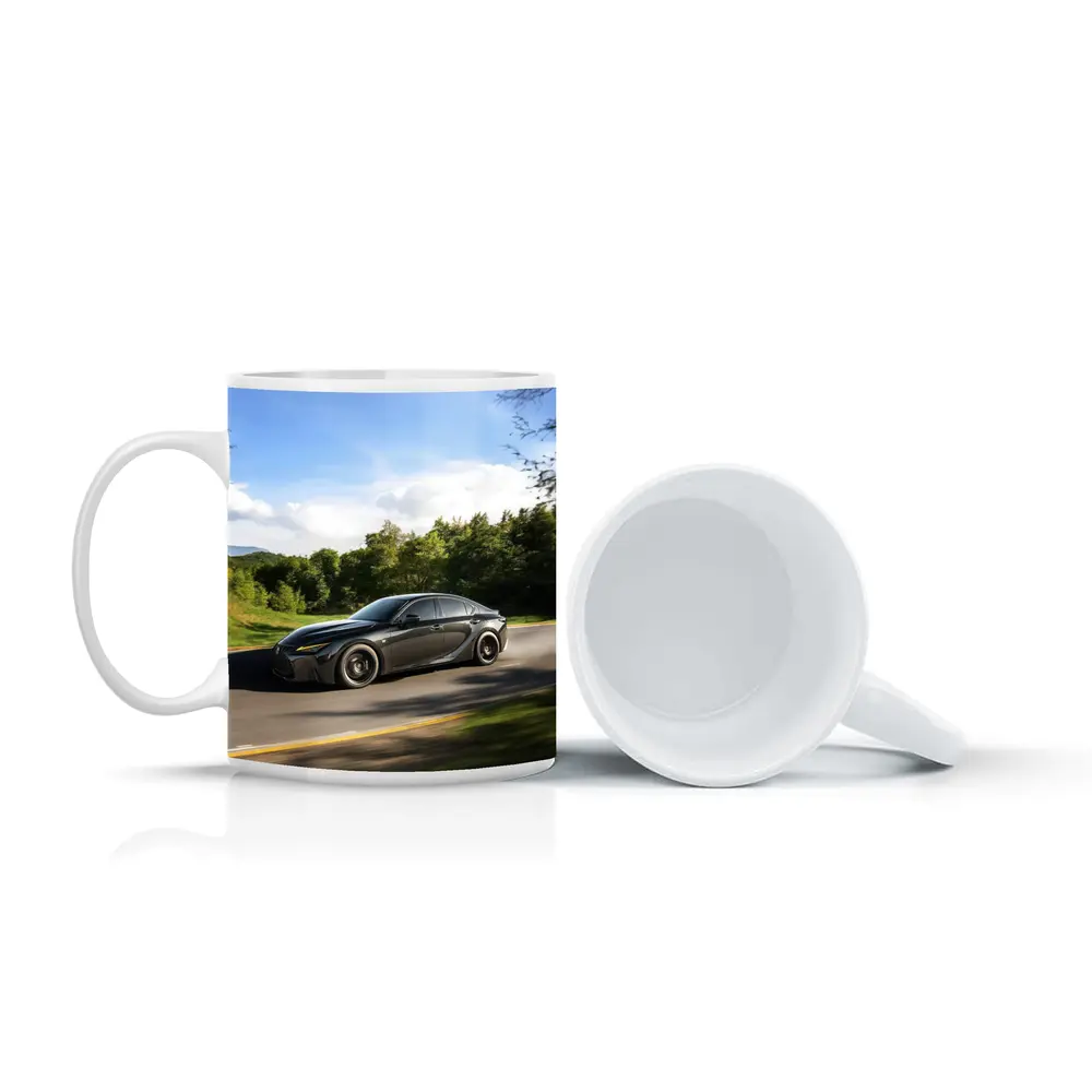 Lexus IS Dark Sedan Speeding Forest Road – Mugs