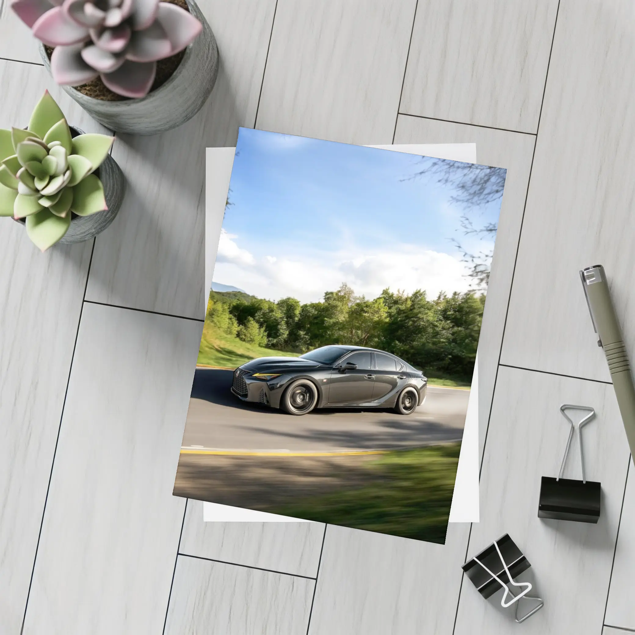Lexus IS Dark Sedan Speeding Forest Road – Postcards