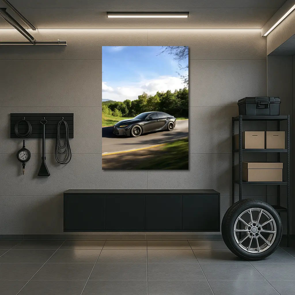 Lexus IS Dark Sedan Speeding Forest Road – Wall Art