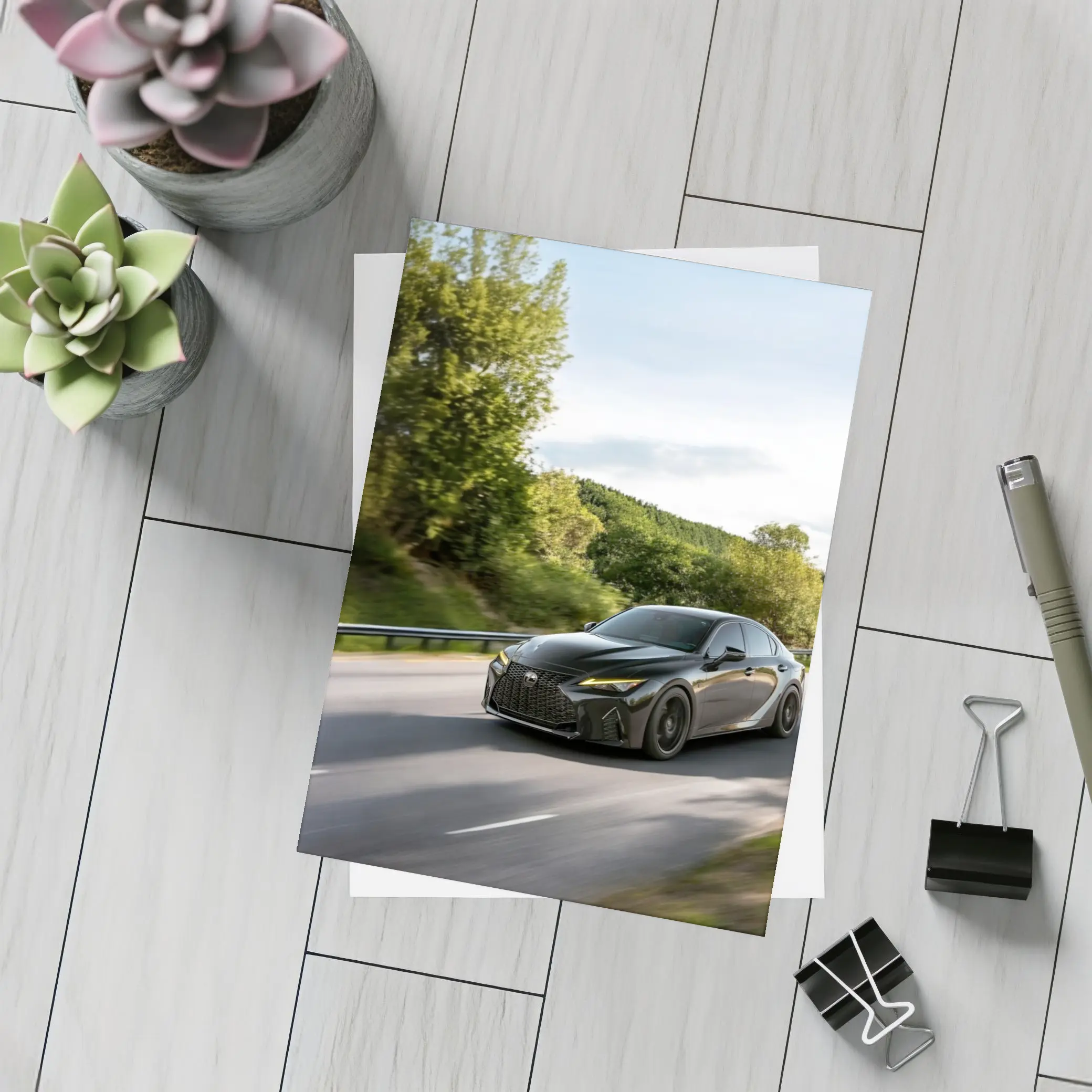 Lexus IS Black Sedan on Open Road – Postcards