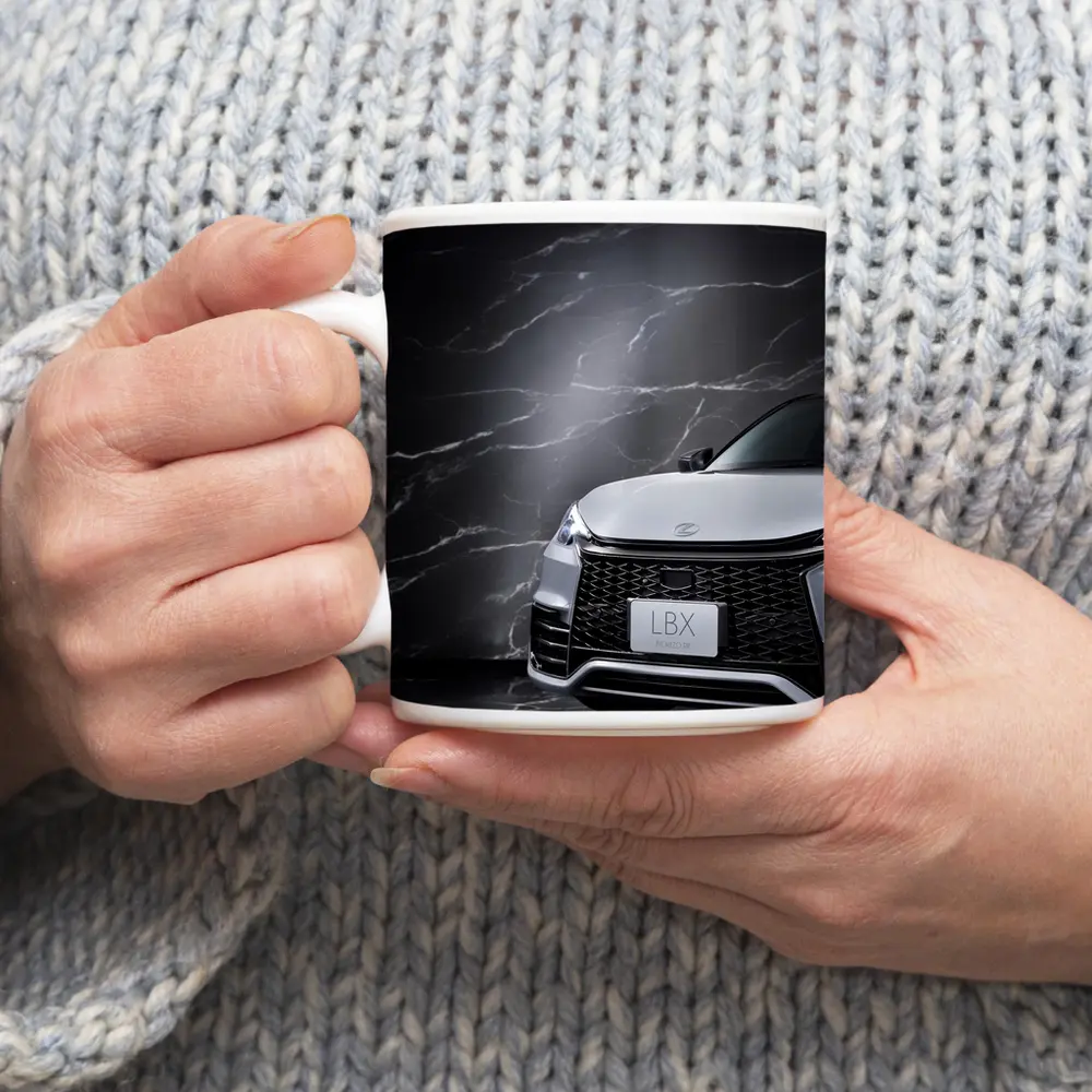 Lexus LBX Front View Black Marble Background – Mugs