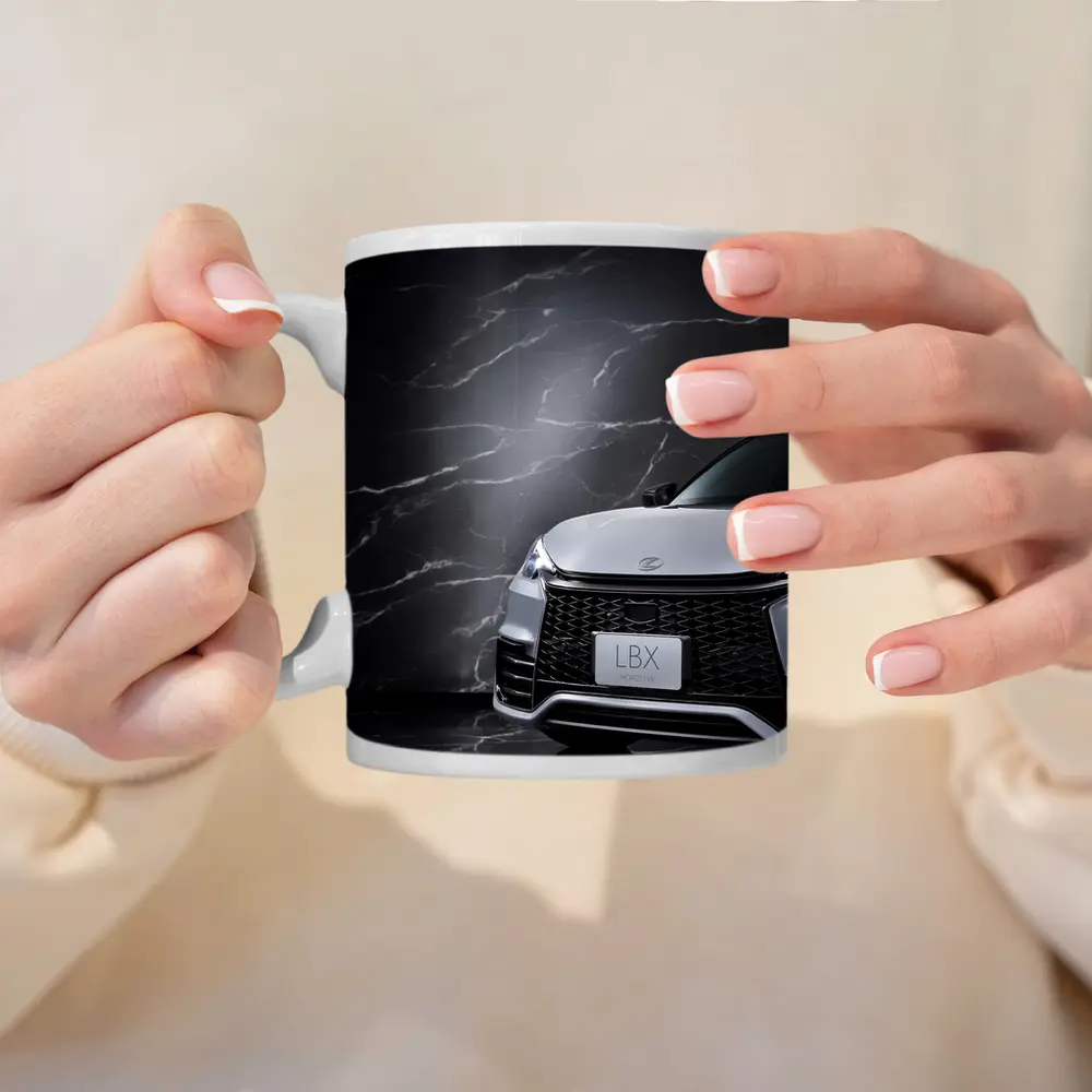 Lexus LBX Front View Black Marble Background – Mugs
