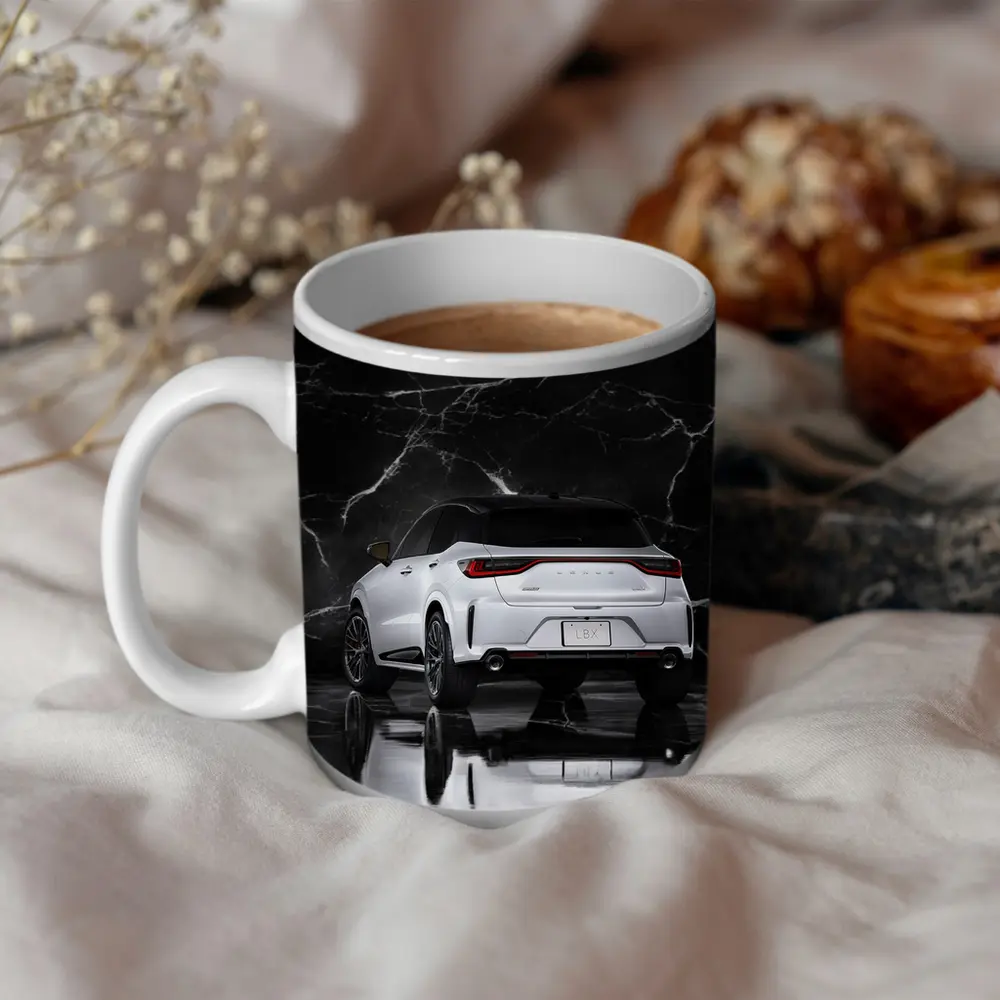 Lexus LBX White SUV Black Marble Background – Mugs