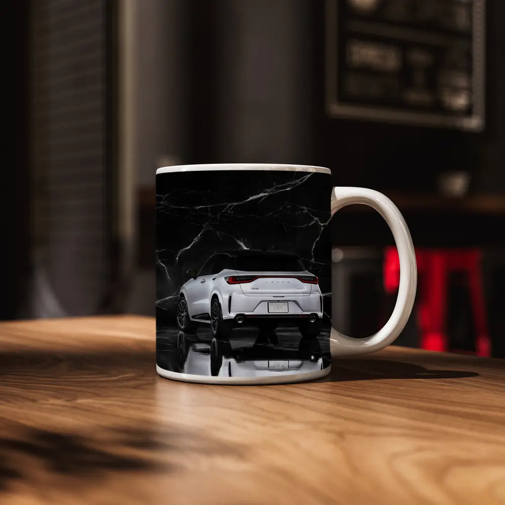 Lexus LBX White SUV Black Marble Background – Mugs