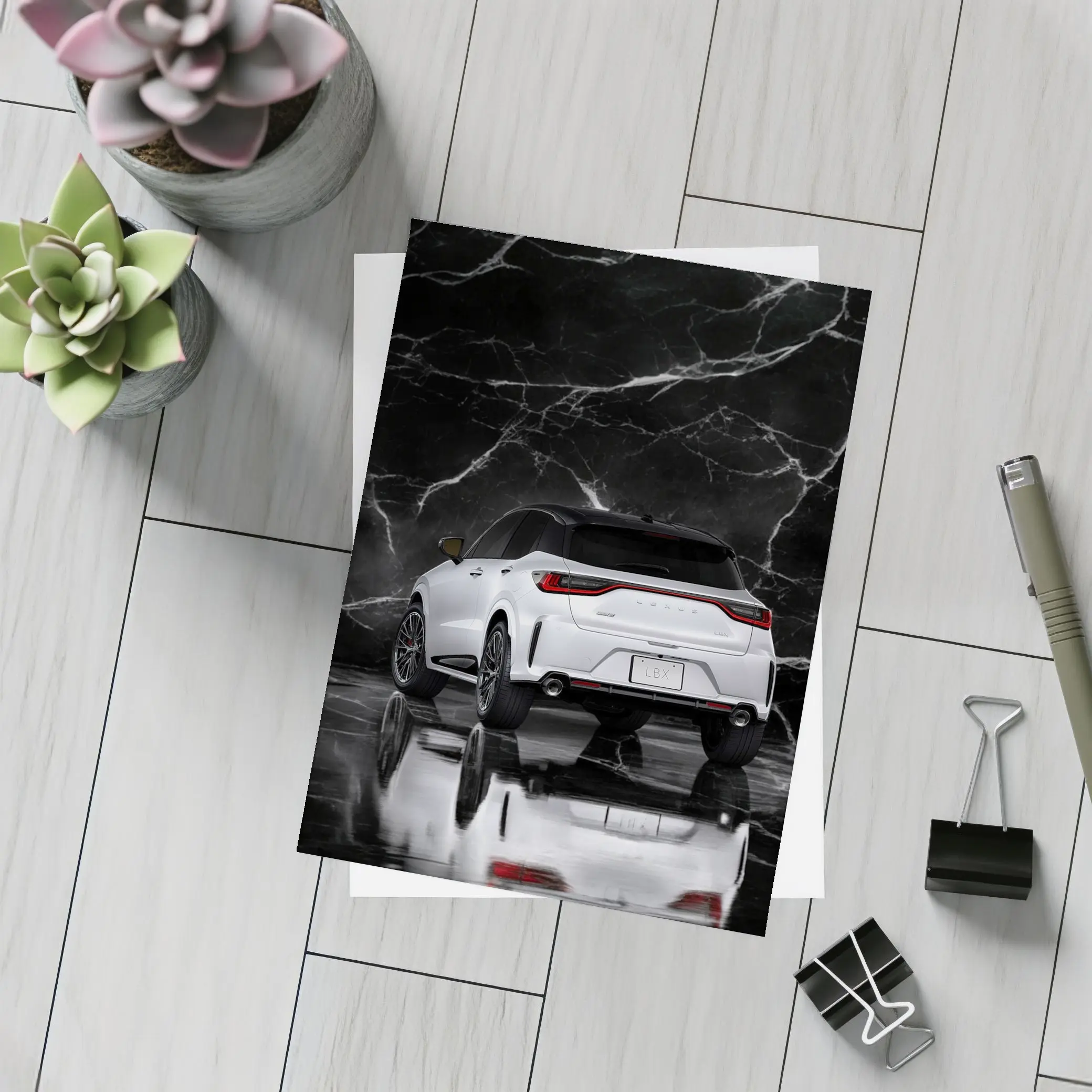 Lexus LBX White SUV Black Marble Background – Postcards