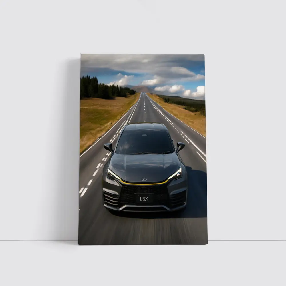 Lexus LBX Driving Open Road Dramatic Sky – Wall Art