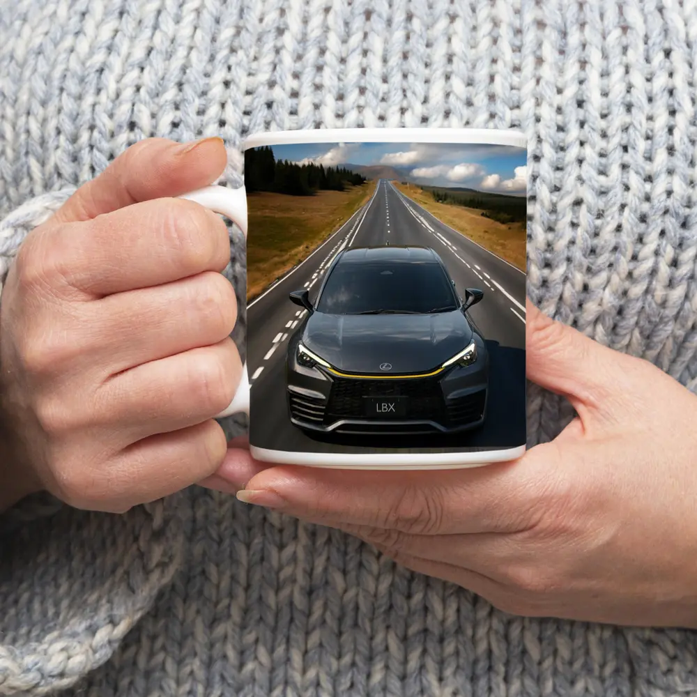 Lexus LBX Driving Open Road Dramatic Sky – Mugs