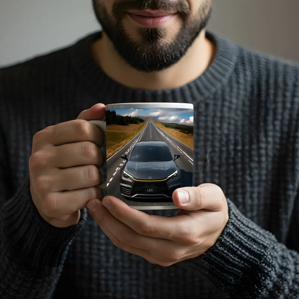 Lexus LBX Driving Open Road Dramatic Sky – Mugs