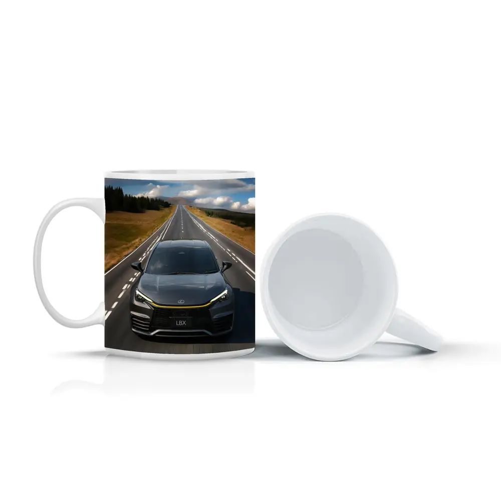 Lexus LBX Driving Open Road Dramatic Sky – Mugs