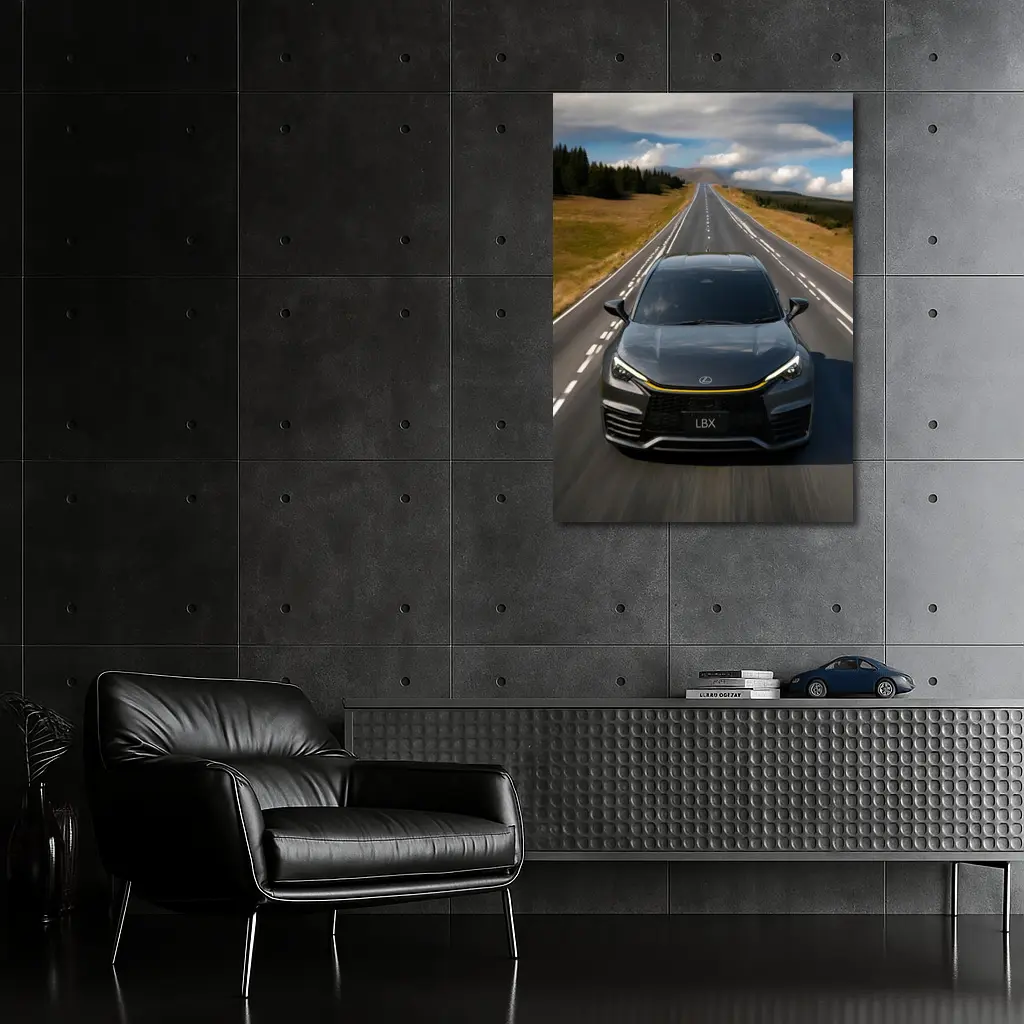 Lexus LBX Driving Open Road Dramatic Sky – Wall Art