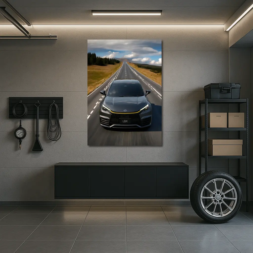 Lexus LBX Driving Open Road Dramatic Sky – Wall Art