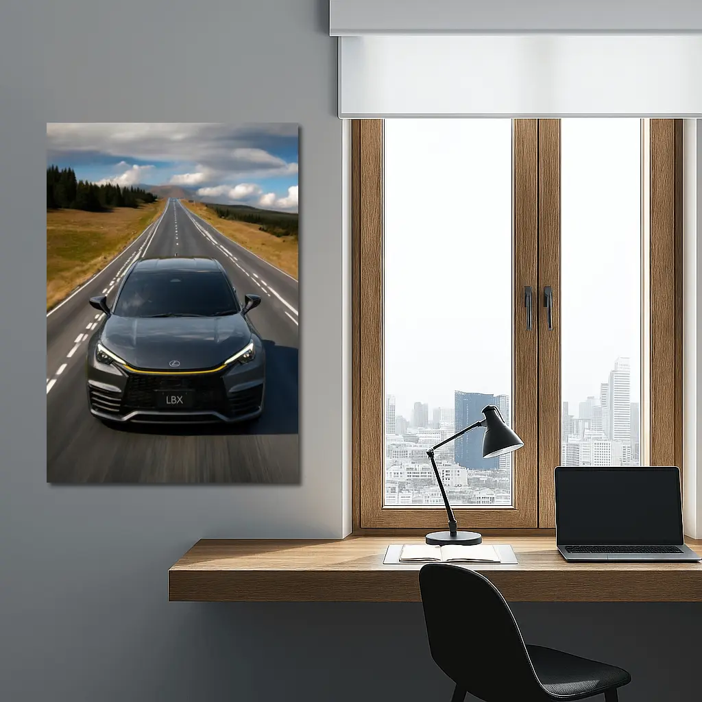 Lexus LBX Driving Open Road Dramatic Sky – Wall Art
