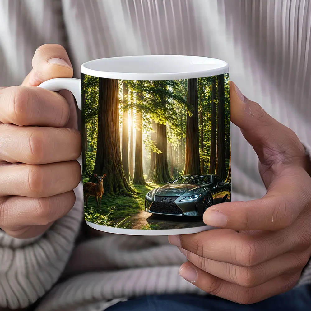 Lexus LC Coupe Parked In Sunlit Forest – Mugs