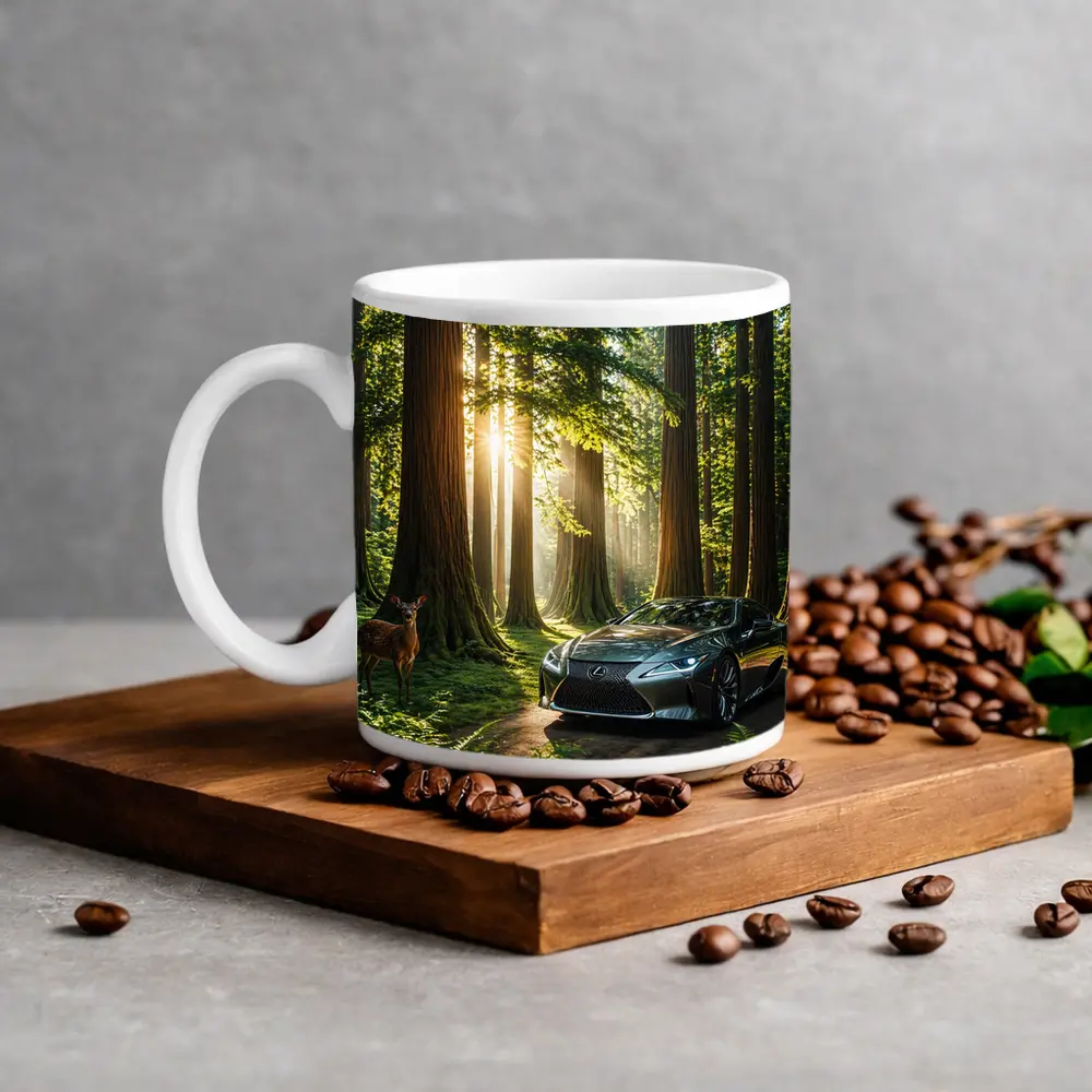 Lexus LC Coupe Parked In Sunlit Forest – Mugs